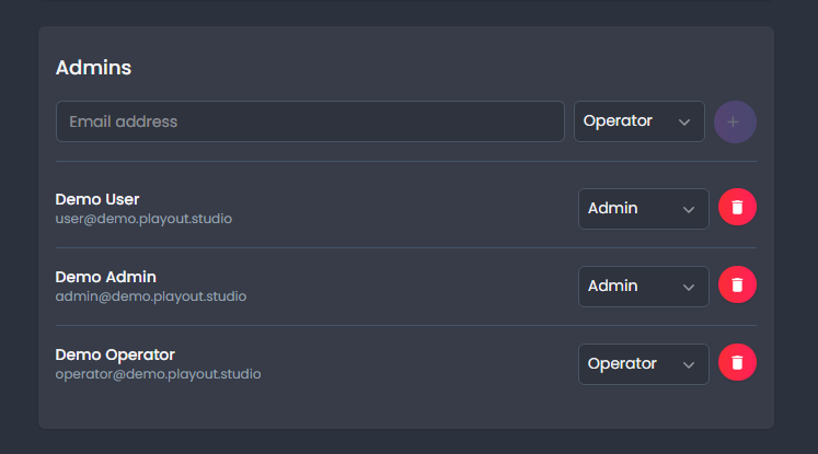 Admins section
