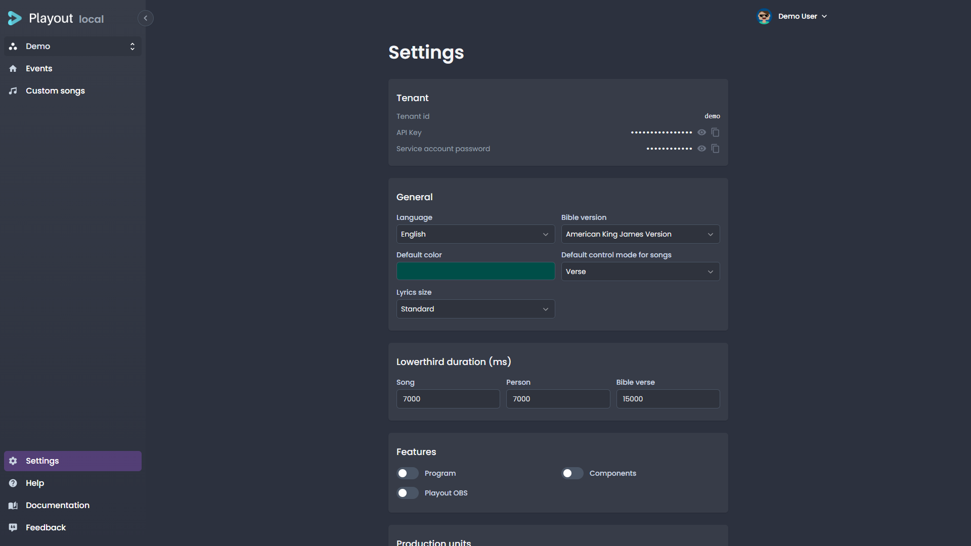 Settings page